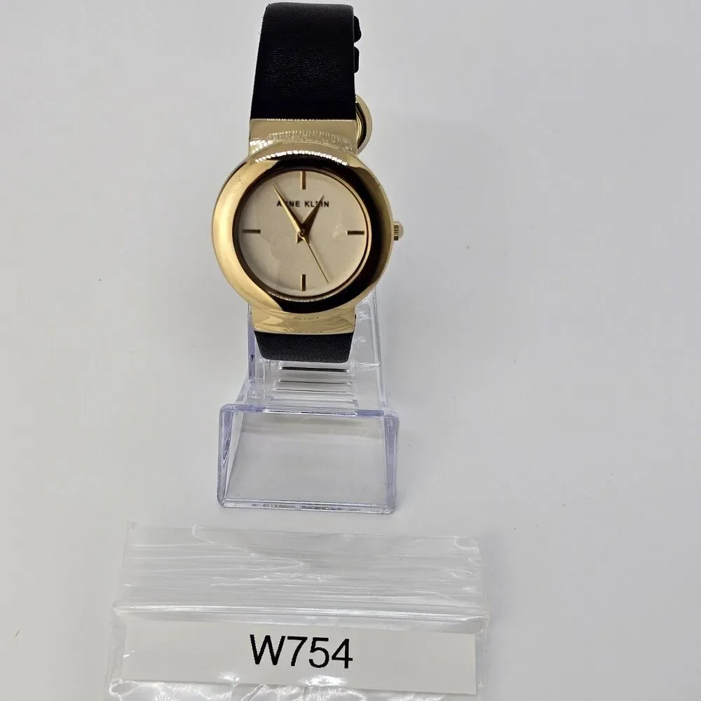 Anne Klein Women's Watch 36MM Gold Dial Black Leather Band‎ Straps New Battery